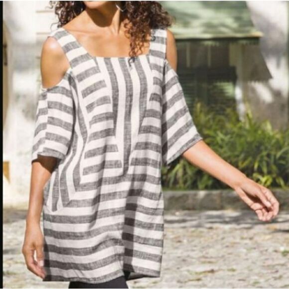 Soft Surroundings Sunset Linen Cold Shoulder White Grey Tunic Top C28 - Picture 1 of 9